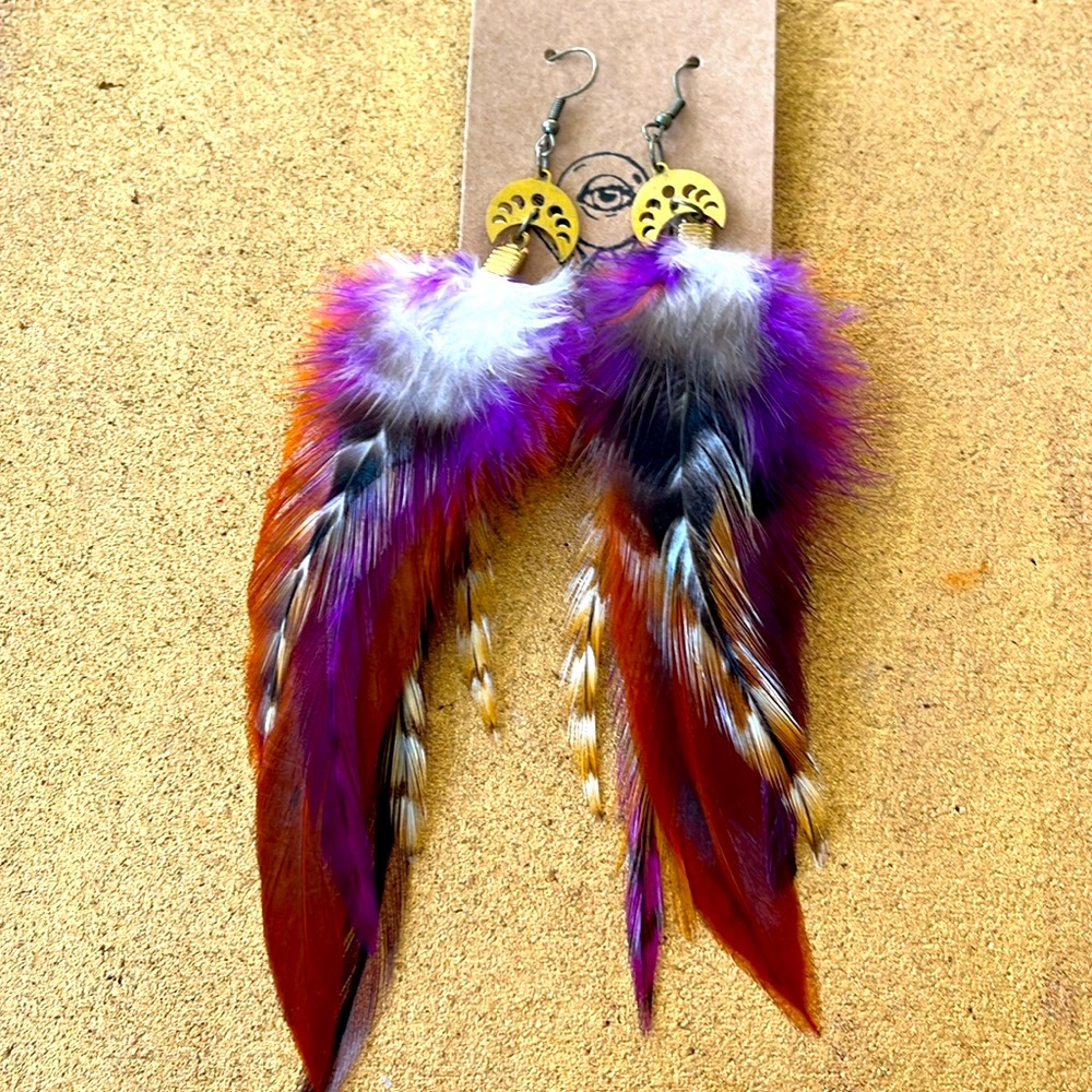 Purple and orange long feather earrings, gold crescent moon moon-phase pendant